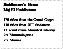 Text Box: Huddlestones Horse
Maj HJ Huddlestone

120 rifles from the Camel Corps
130 rifles from XIII Sudanese
12 scouts from Mounted Infantry
2 x Mountain guns
2 x Maxims
